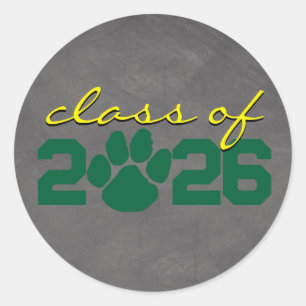 Green & Yellow Pawprint Chalkboard Graduation Classic Round Sticker