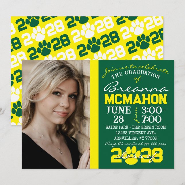 Green & Yellow Pawprint Graduation Photo Invitation (Front/Back)