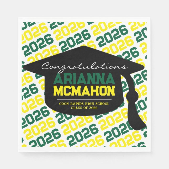 Green & Yellow Personalized Graduation Cap Paper Napkin (Front)