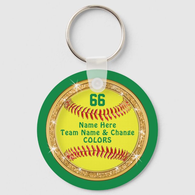 Green Yellow Personalized Softball Team Gift Ideas Keychain (Front)