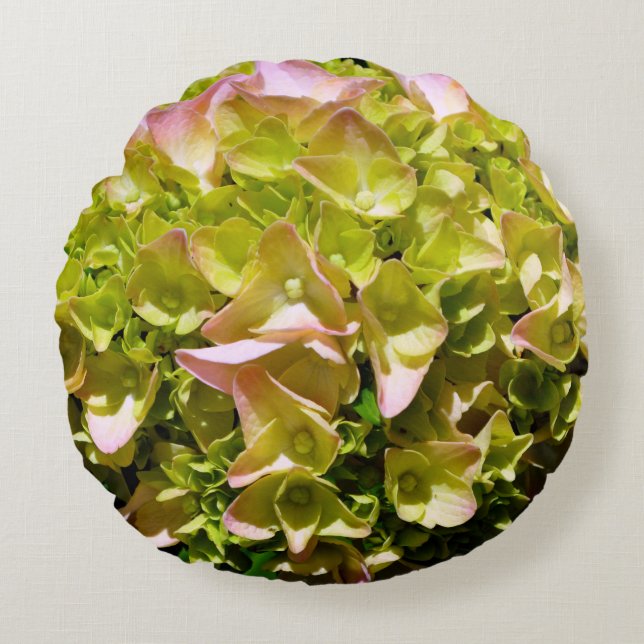 Green yellow pink Hydrangea pink yellow flower Round Pillow (Front)