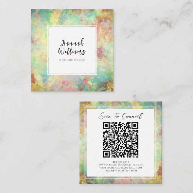 Green & Yellow Qr Code Colourful Abstract Pattern Square Business Card (Front/Back)