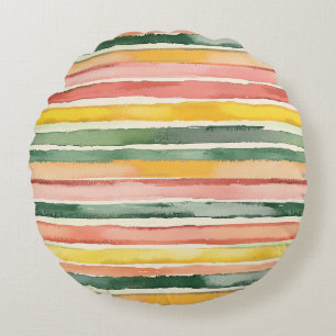 Green Yellow Red Pink Stripes Dots Round Pillow