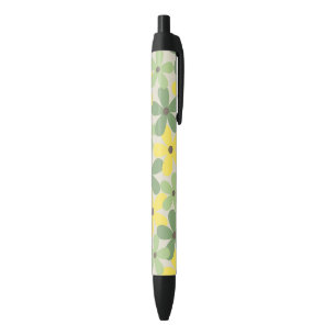 Green Yellow Retro Y2K 70s Flower Pattern Black Ink Pen