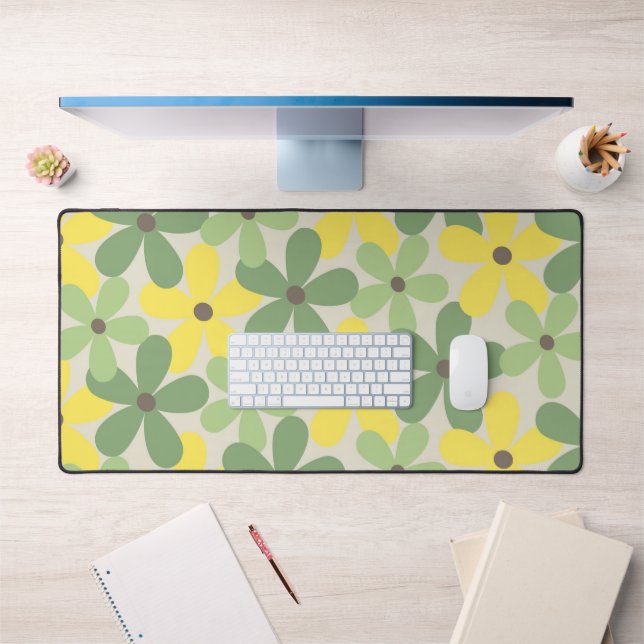 Green Yellow Retro Y2K 70s Flower Pattern Desk Mat (Office 1)