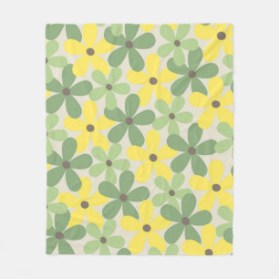 Green Yellow Retro Y2K 70s Flower Pattern Fleece Blanket