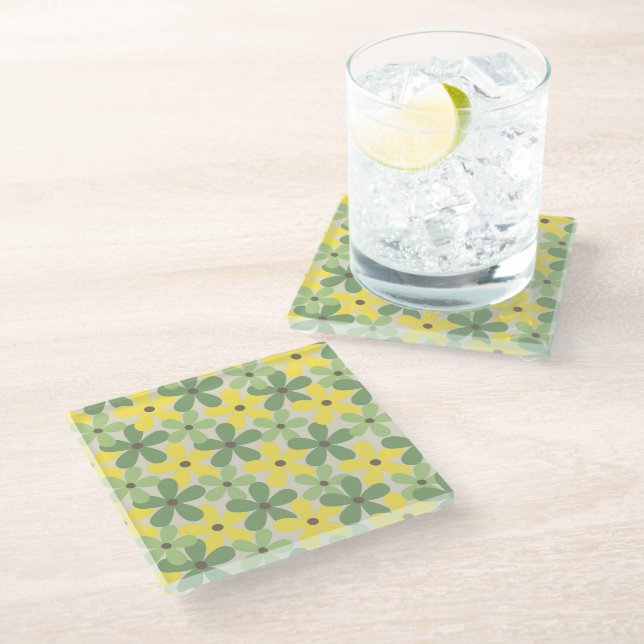 Green Yellow Retro Y2K 70s Flower Pattern Glass Coaster (Angled)