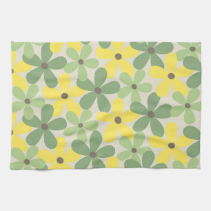Green Yellow Retro Y2K 70s Flower Pattern Kitchen Towel