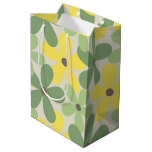 Green Yellow Retro Y2K 70s Flower Pattern Medium Gift Bag