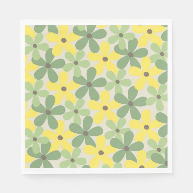 Green Yellow Retro Y2K 70s Flower Pattern Napkin (Front)