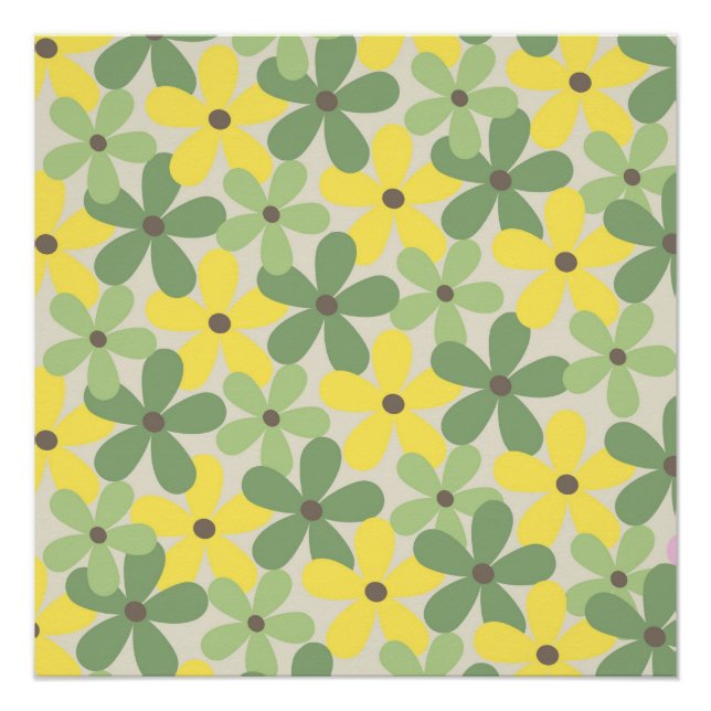 Green Yellow Retro Y2K 70s Flower Pattern Poster (Front)