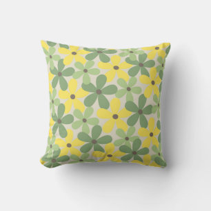 Green Yellow Retro Y2K 70s Flower Pattern Throw Pillow