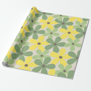 Green Yellow Retro Y2K 70s Flower Pattern Wrapping Paper