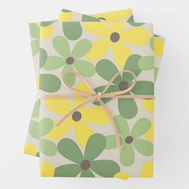 Green Yellow Retro Y2K 70s Flower Pattern Wrapping Paper Sheet (In situ)