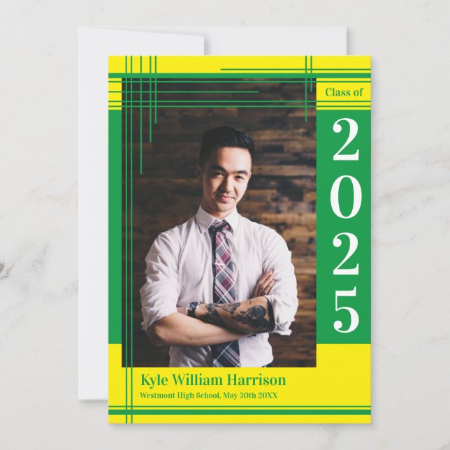 Green Yellow School Colour Graduation Photo Plaid Invitation (Front)