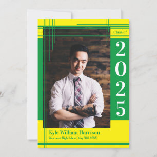 Green Yellow School Colour Graduation Photo Plaid Invitation