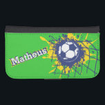 Green yellow soccer football goal named flap case<br><div class="desc">Bright yellow,  blue and green (Brazilian colours) football / soccer ball splatting in the back of the goal / net kids cell phone case. Ideal for Brazilian football or soccer fans,  personalize with your own name currently reads Matheus. Designed by Sarah Trett.</div>