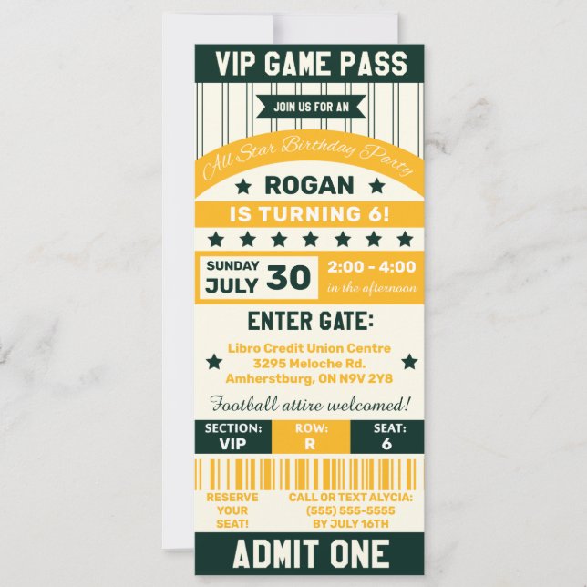  Green & Yellow Sport Themed Ticket Birthday Party Invitation (Front)