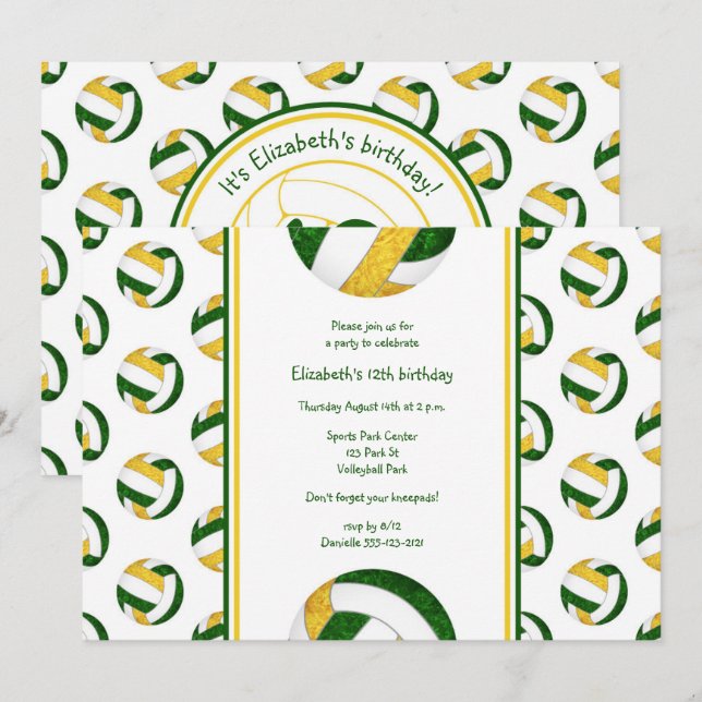 green yellow sporty girl volleyball birthday party invitation (Front/Back)