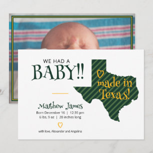 Green/Yellow Striped Made in Texas Photo Baby Announcement