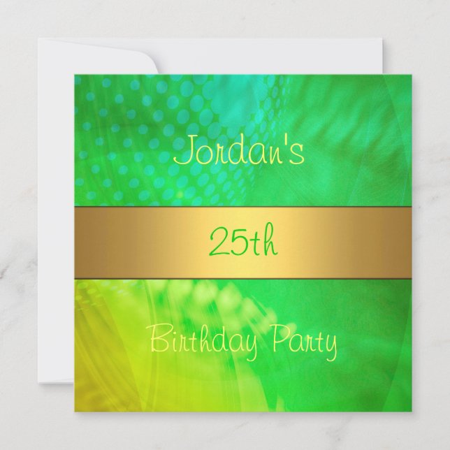 Green Yellow Swirl Gold 25th Birthday Party Invitation (Front)