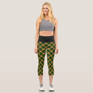 Green Yellow Tartan Plaid Argyle Pattern Capri Leggings