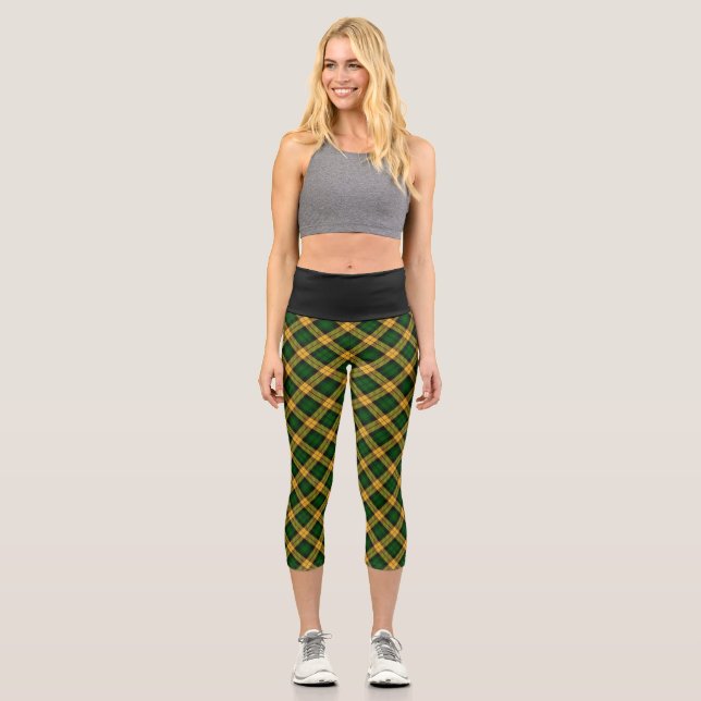 Green Yellow Tartan Plaid Argyle Pattern Capri Leggings (Front)