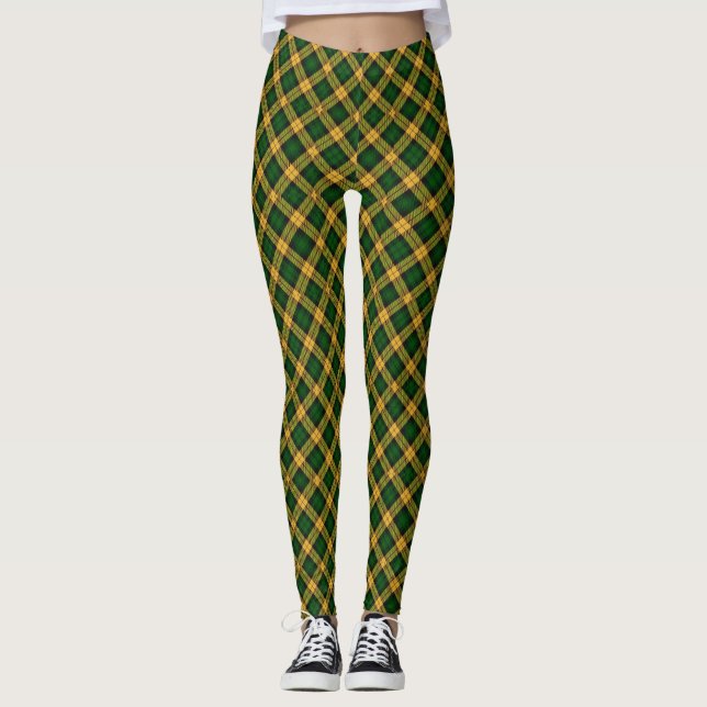 Green Yellow Tartan Plaid Argyle Pattern Leggings (Front)