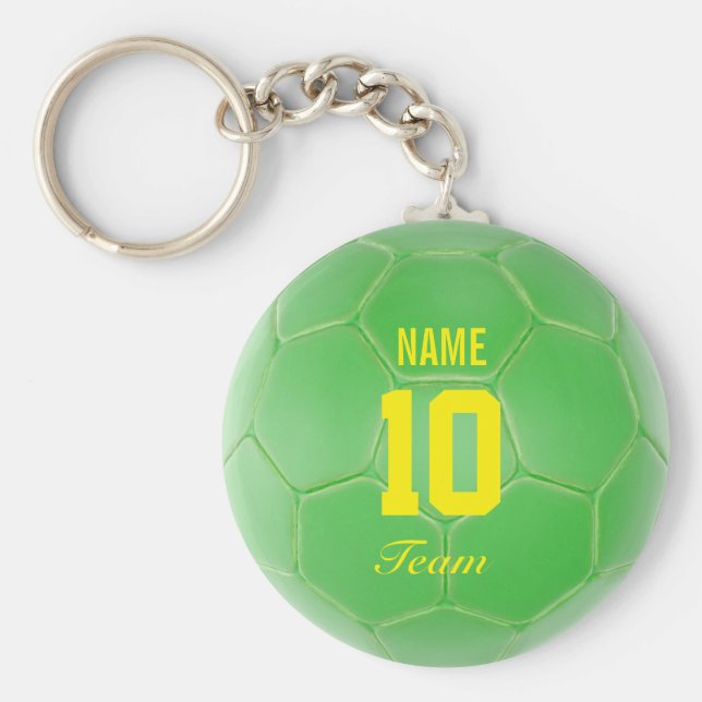 Green Yellow Team Soccer Ball Personalized Name Keychain (Front)
