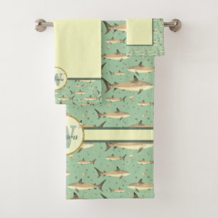 Green & Yellow Watercolor Monogram Shark Life Sea Bath Towel Set