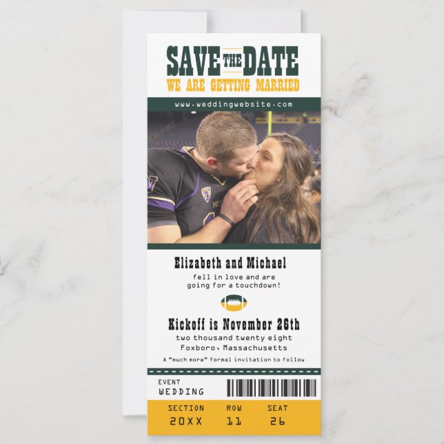 Green Yellow Wedding Save the Date Football Ticket (Front)