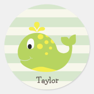 Green & Yellow Whale on Pastel Green Stripes Classic Round Sticker