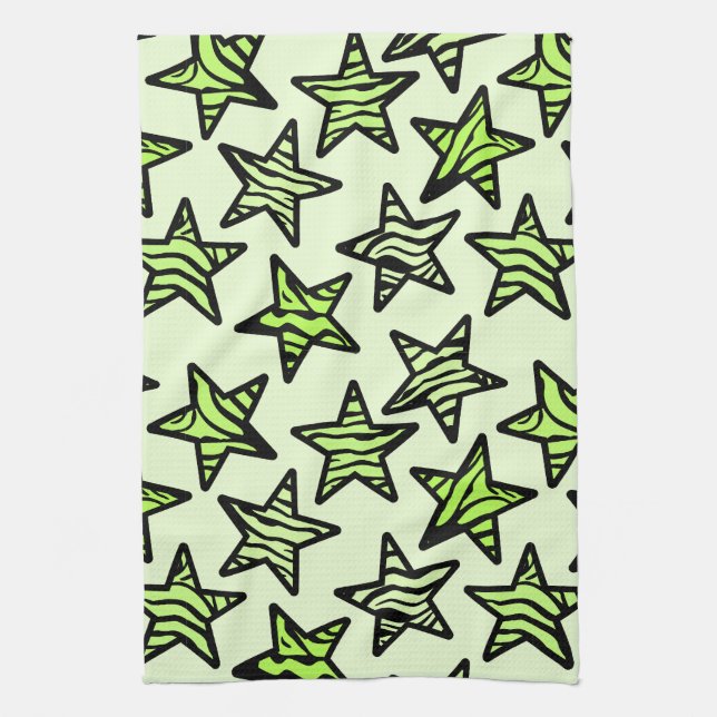 Green yellow zebra print stars kitchen towel (Vertical)