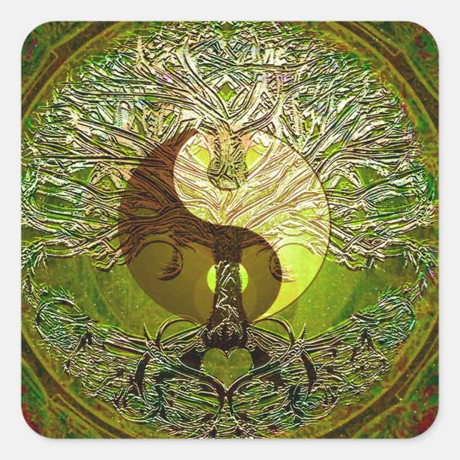 Green Yin Yang Mandala with Tree of Life Square Sticker (Front)