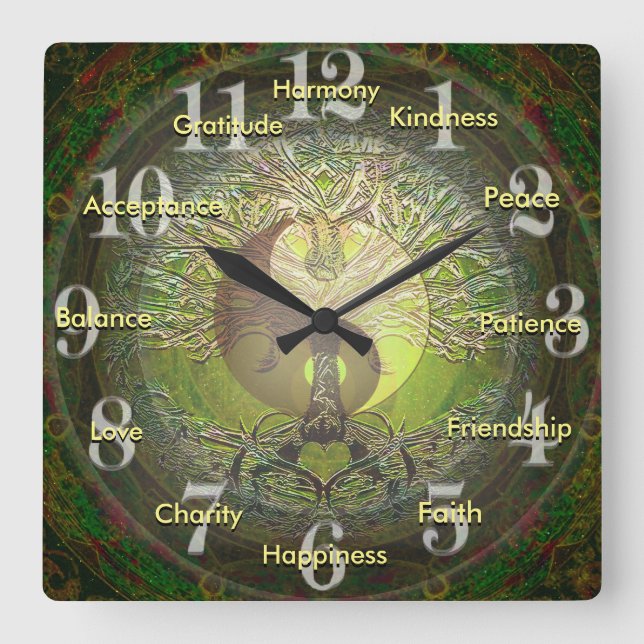 Green Yin Yang with Positive Words Square Wall Clock (Front)