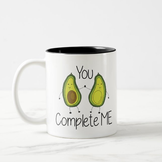 Green You Complete Me Avocado Cartoon Friends Two-Tone Coffee Mug (Left)