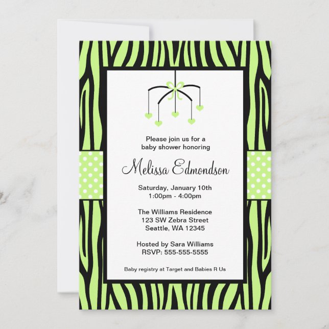 Green Zebra Mobile Hearts Baby Shower Invitation (Front)