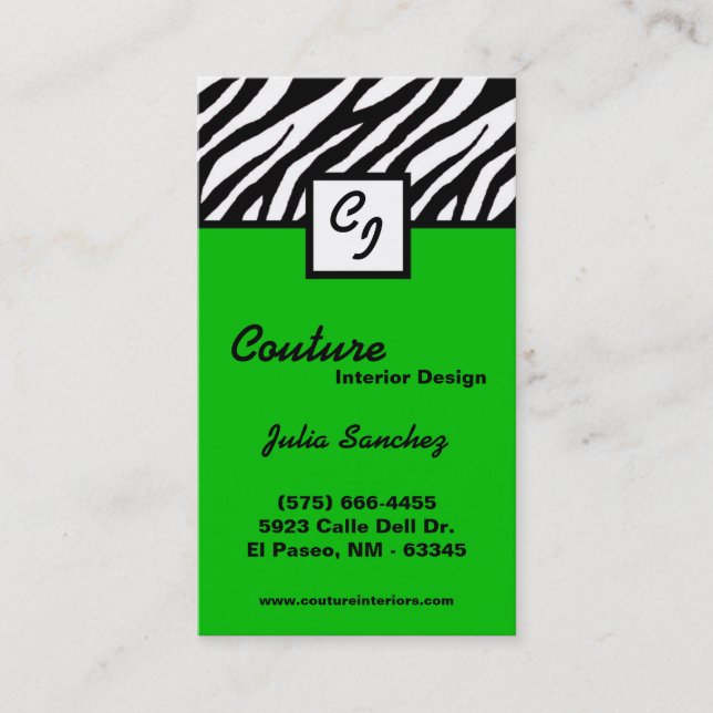 Green Zebra Print Custom Personalize Business Card (Front)