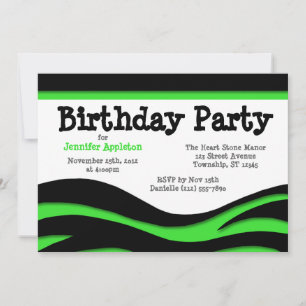 Green Zebra Print Waves Birthday Invitations
