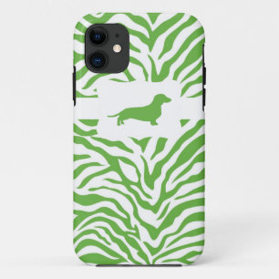 Green Zebra Stripe w/Dachshund iPhone 11 Case