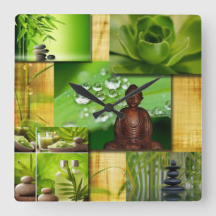 Green Zen & Buddha Serenity Collage Square Wall Clock
