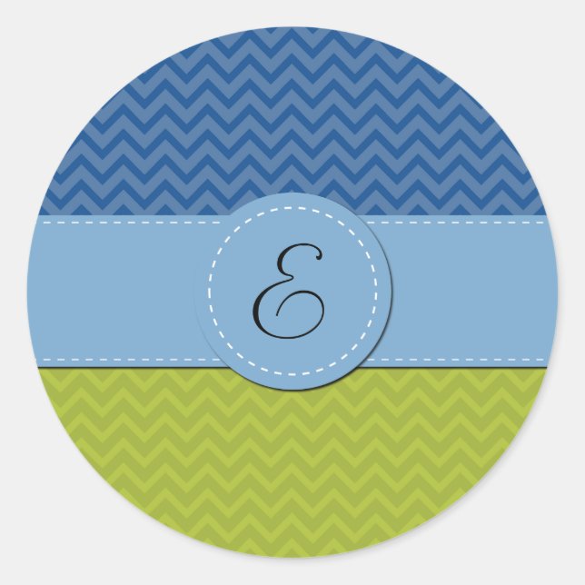 Green Zigzag, Blue Zigzag, Chevron, Monogram Classic Round Sticker (Front)