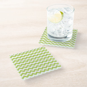 Green Zigzag, Green Chevron, Geometric Pattern Glass Coaster
