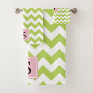 Green Zigzag, Green Chevron, Monogram Bath Towel Set