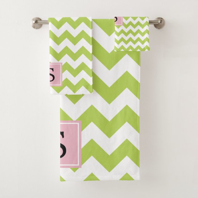 Green Zigzag, Green Chevron, Monogram Bath Towel Set (Insitu)