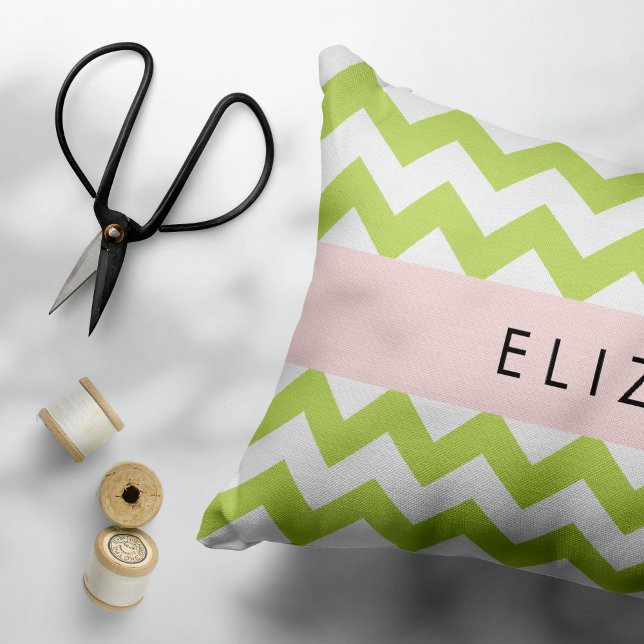 Green Zigzag, Green Chevron, Your Name Accent Pillow (Creator Uploaded)