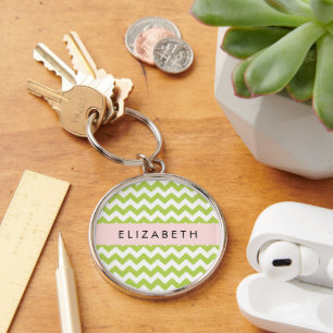 Green Zigzag, Green Chevron, Your Name Keychain