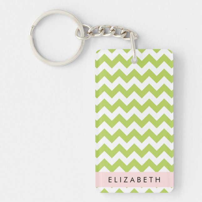Green Zigzag, Green Chevron, Your Name Keychain (Front)