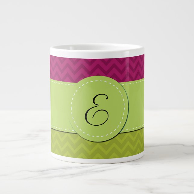 Green Zigzag, Pink Zigzag, Chevron, Monogram Large Coffee Mug (Front)