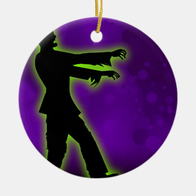 Green Zombie on Purple Ceramic Ornament (Front)